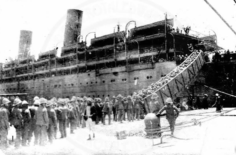 Soldiers boarding the ship in Alexandria.